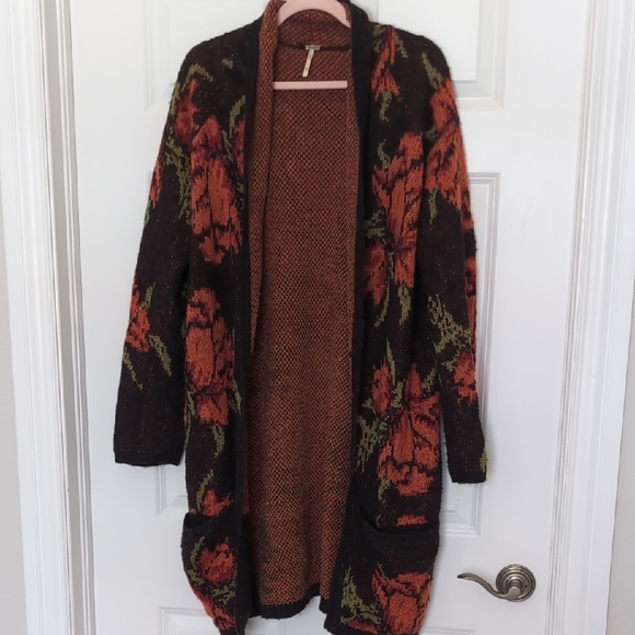 Free People Black and Orange Floral Cardigan Sweater - Picture 1 of 7